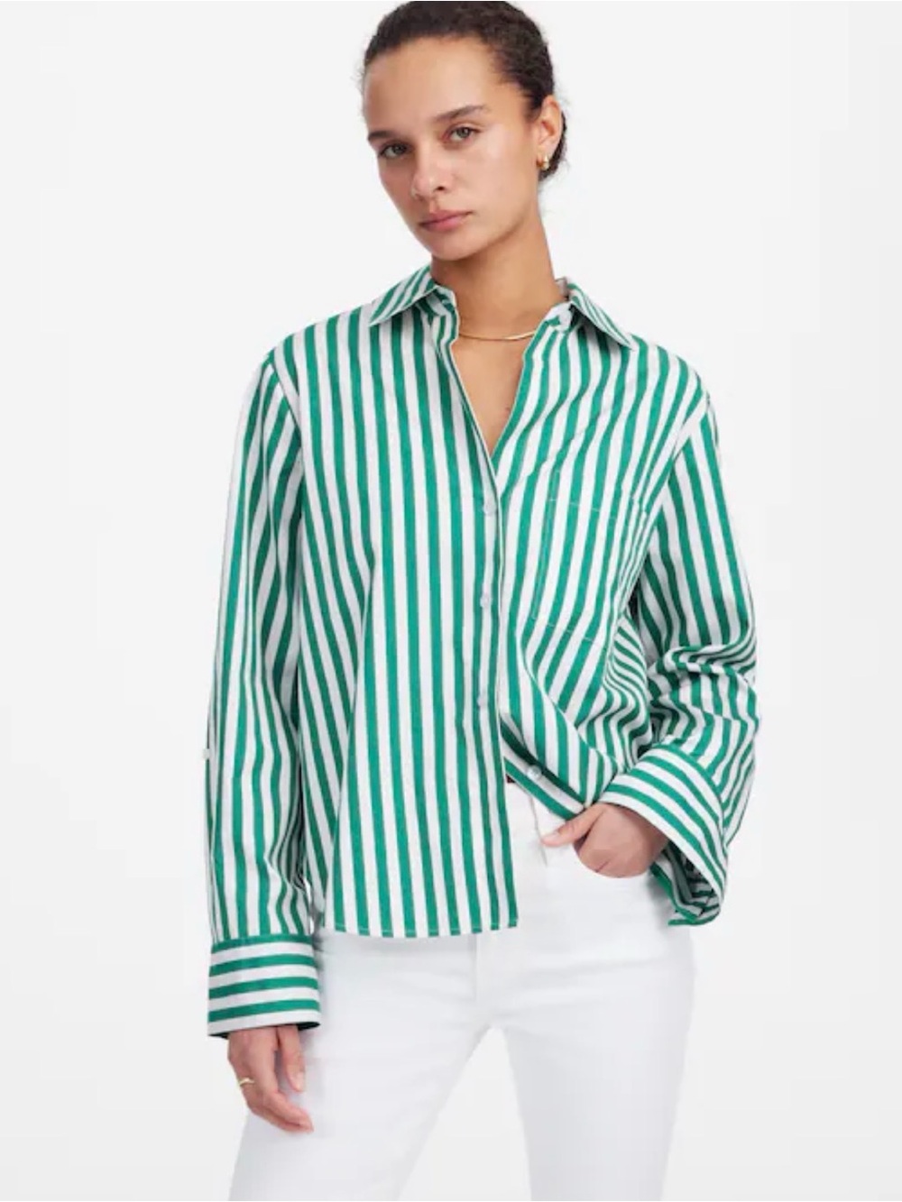 Green & White Striped Button-Up Shirt - Women